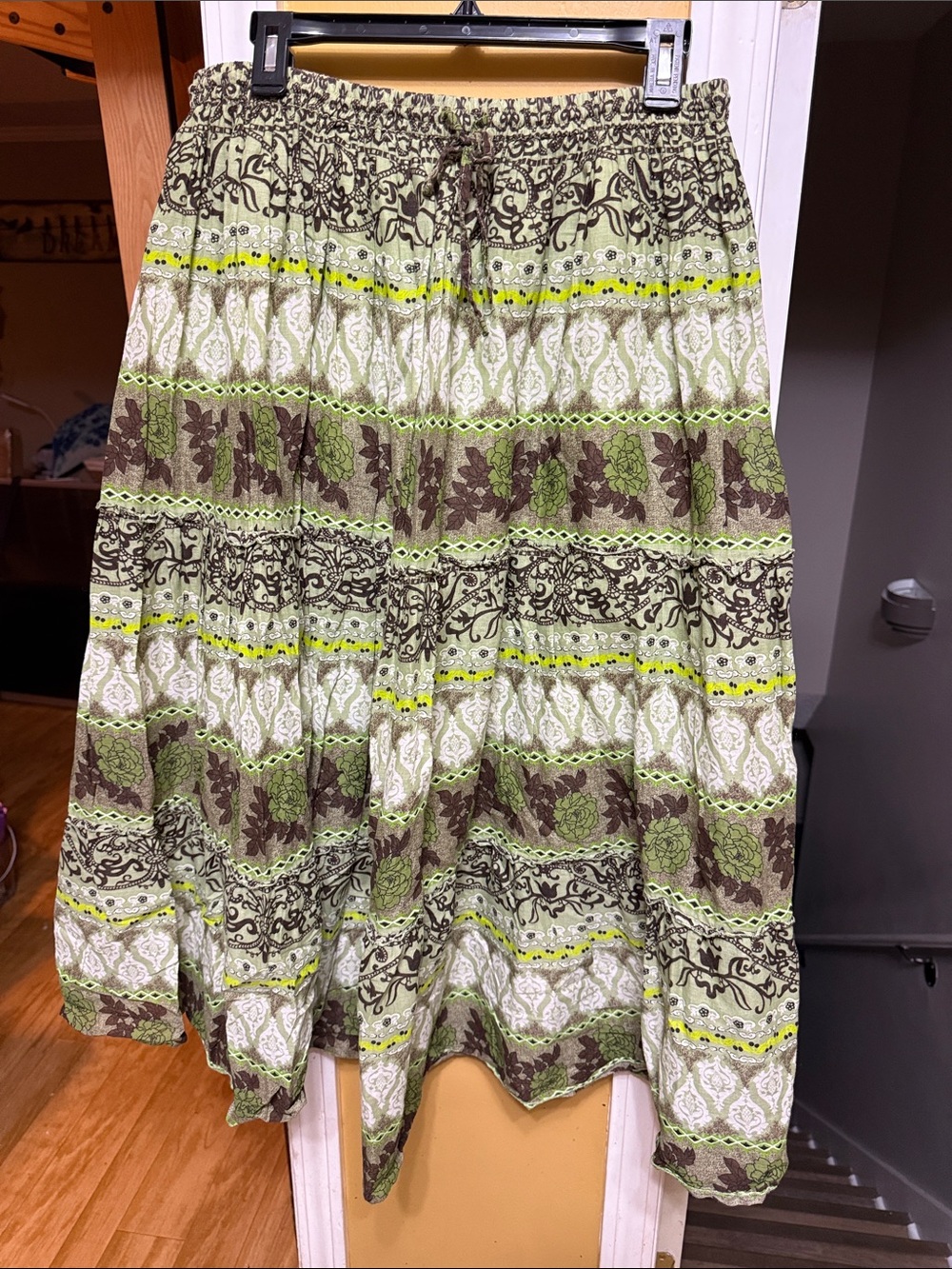 June Ashley Boho Maxi Skirt Green Paisley Floral 100% Cotton India